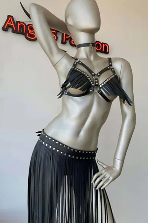 Black Faux Leather Fringe Harness Bra Studded Waist Skirt Set