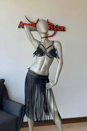 Black Faux Leather Fringe Harness Bra Studded Waist Skirt Set