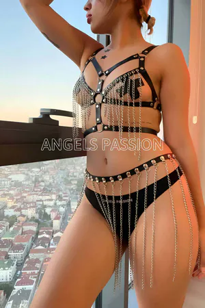 Black Faux Leather Chain Body Harness and Skirt Set Worn Model Front View
