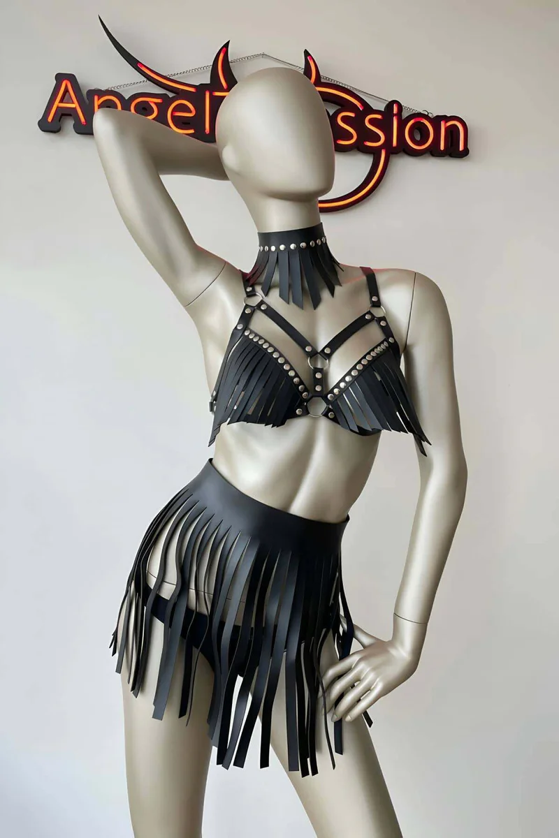 Black faux leather choker with upright fringe detail