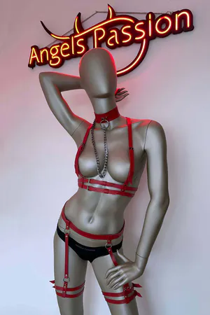 Red Vegan Leather Full Body Harness with Garter Set and Choker