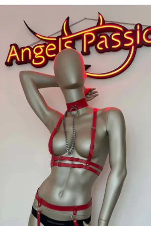 Red Vegan Leather Full Body Harness with Garter Set and Choker