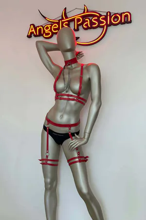 Red Vegan Leather Full Body Harness with Garter Set and Choker