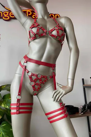 Red Caged O-Ring Faux Leather Body Harness and Garter Set Front View
