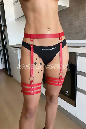 Red Faux Leather Strappy Garter Harness with Silver Buckles
