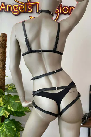 Black Faux Leather Heart Harness Set with Choker and Adjustable Straps