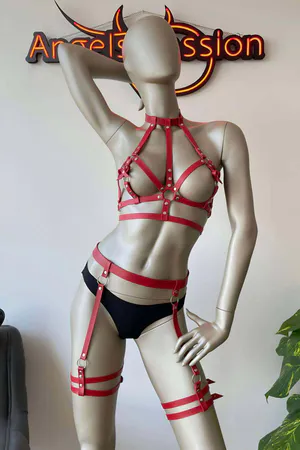 Adjustable Red Faux Leather Body and Thigh Harness Set