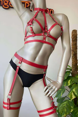 Adjustable Red Faux Leather Body and Thigh Harness Set