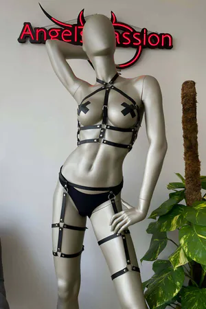 Black Faux Leather Full Body Harness with Thigh Garters Adjustable O-Rings