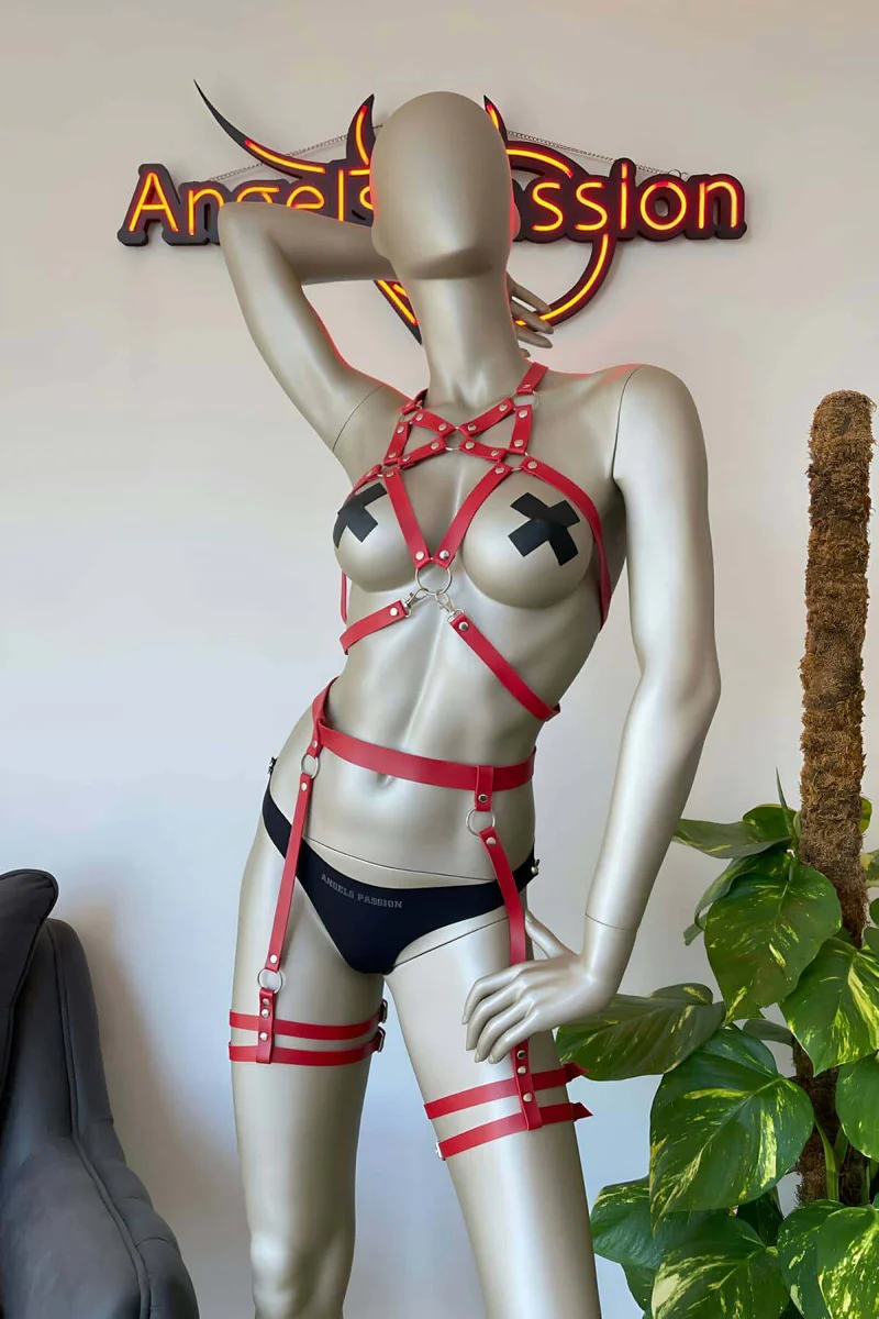 Red Faux Leather Full Body Harness with Star Chest Detail