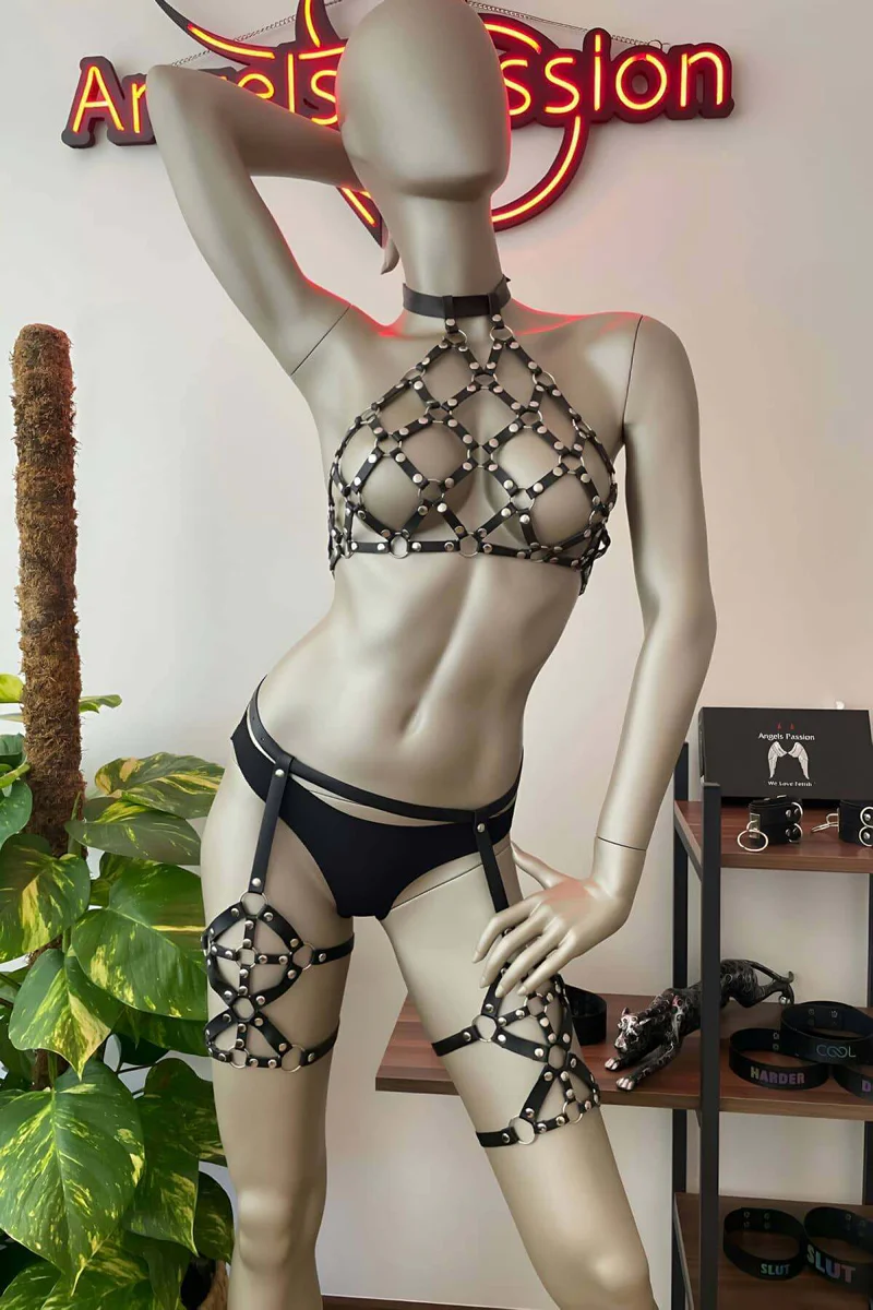 Black Faux Leather Studded Cage Halter Harness & Thigh Garters Set