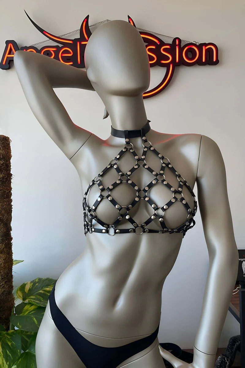 Black cage chest harness fashion with O-ring details front view