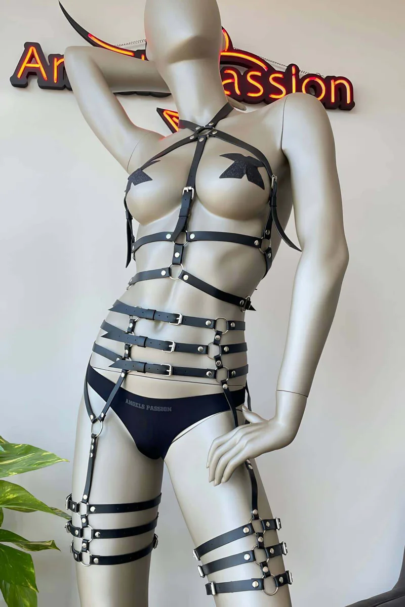 Black faux leather chest harness close-up