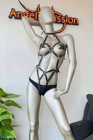 Black faux leather strappy body harness with O-rings and choker neck strap