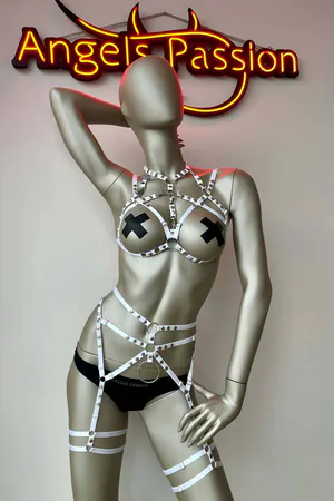 White Studded Full Body Harness Lingerie Set Vegan Leather