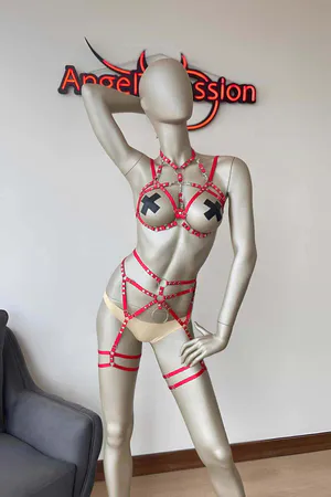 Red Body Harness Set with Silver O-Rings and Garter Straps Faux Leather