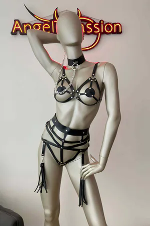 Black Vegan Leather Open Cup Cage Harness Set with Tassel Garters