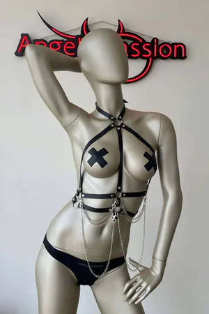 Black Faux Leather Strappy Body Harness with O-Ring and Chains