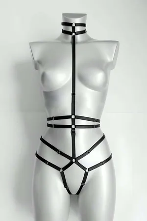Black faux leather full body harness with neck collar and adjustable straps