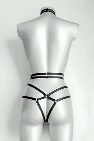 Black faux leather full body harness with neck collar and adjustable straps
