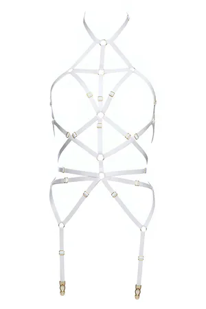 White Lace Caged Body Harness with Garter Straps Women Front View Crisscross Design