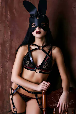 Black Faux Leather Chest and Garter Body Harness Set Model