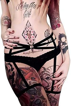 Black Strappy Garter Harness with Lace Trim Waistband