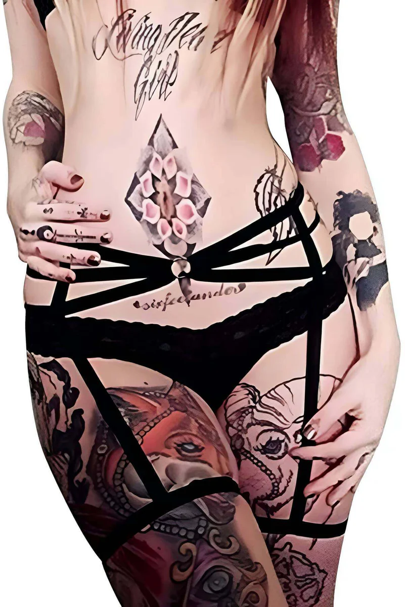Black Strappy Garter Harness with Lace Trim Waistband