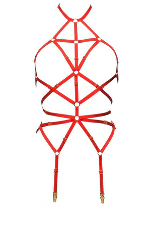 Red satin-like strappy body harness with gold O-rings and garter clips