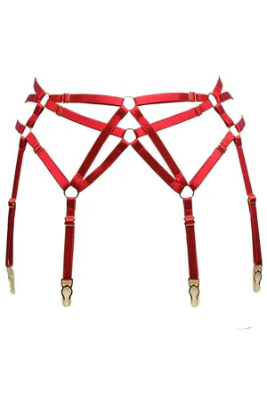 Red Strappy Garter Harness with Gold O-Rings and Adjustable Thigh Straps