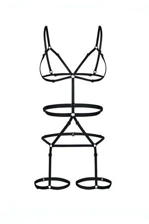 Black Faux Leather Strappy Body Harness with Adjustable Garter Straps
