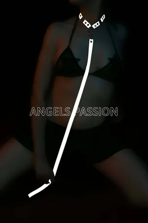 Reflective Choker Harness with Detachable Leash glowing white in the dark, worn over a dark top, with the leash held to the s