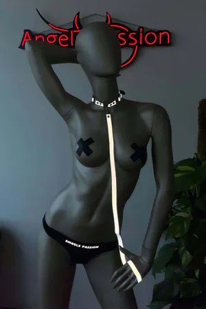 Reflective Choker Harness with Detachable Leash glowing white in the dark, worn over a dark top, with the leash held to the s