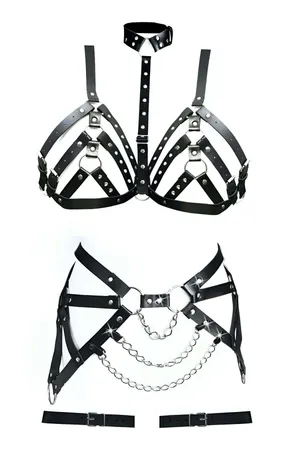 Black Faux Leather Studded Body Harness and Garter Set for Women