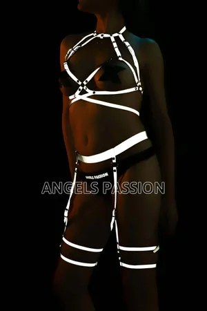 Reflective Holographic Body Harness Lingerie Set Blacklight Glow