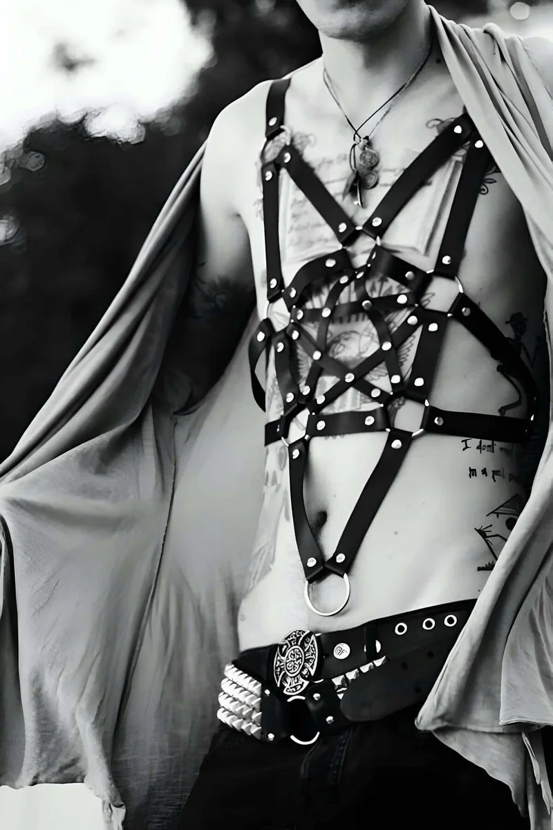 Star Cage body harness black faux leather pentagram detail with silver O-ring