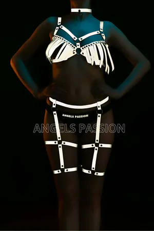 Reflective Full Body Harness with Silver Fringe Bra and Garter Straps Women Adjustable D-Ring Closure