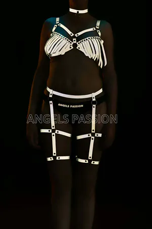 Reflective Full Body Harness with Silver Fringe Bra and Garter Straps Women Adjustable D-Ring Closure