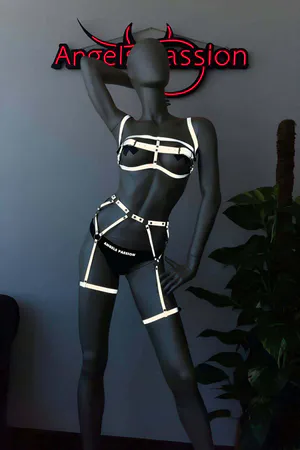 Reflective Full Body Harness Women Black Faux Leather Garter Straps White Stripe Detail