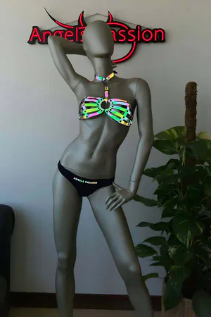 Iridescent Reflective Caged Chest Harness Top Women Purple Teal Gold Glow