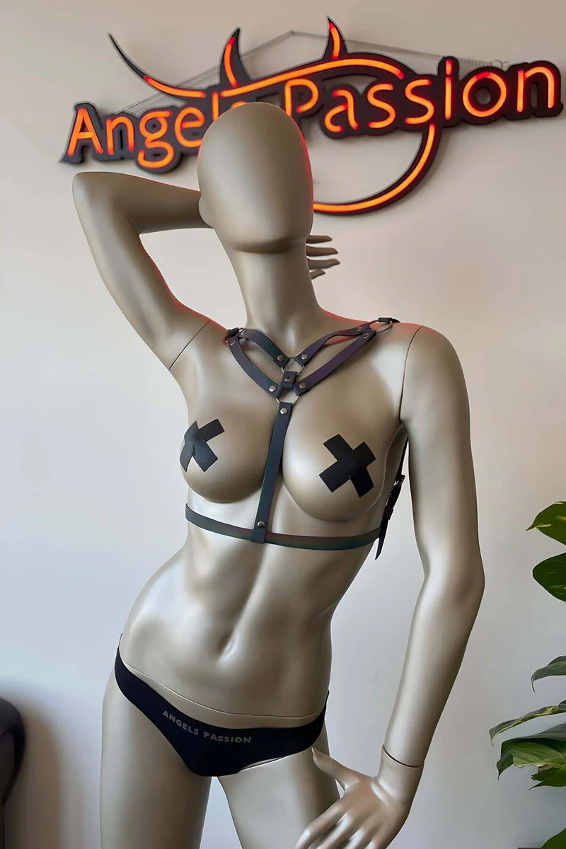 Reflective Chest Harness Worn Over Top Strappy Design Detail