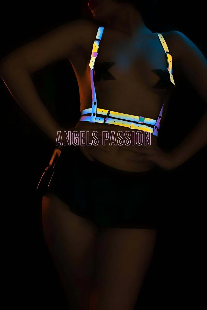 Reflective Body Harness Front View Neon Strips Glowing Under Light