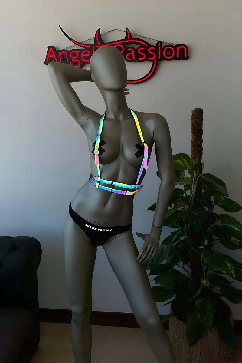 Back View Reflective Body Harness Silver Buckle Hardware Close-Up Multi-Color Straps Adjustable Fit Lingerie Set