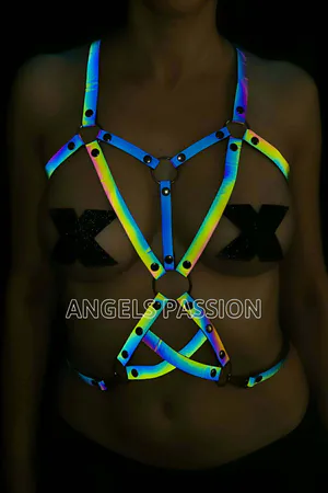 Reflective Rainbow Body Harness Women Iridescent Faux Leather Adjustable Straps Silver O-Ring Hardware