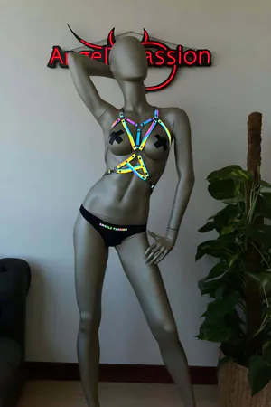 Reflective Rainbow Body Harness Women Iridescent Faux Leather Adjustable Straps Silver O-Ring Hardware