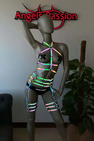Holographic Reflective Full Body Harness Women Adjustable Straps Thigh Garters