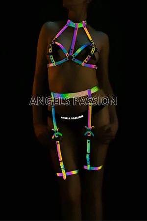 Rainbow reflective full body harness and garter set worn by a model
