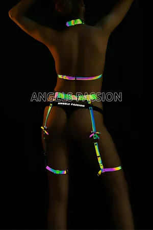 Rainbow reflective full body harness and garter set worn by a model