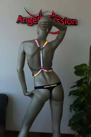 Rainbow reflective body harness with adjustable straps and metal buckles