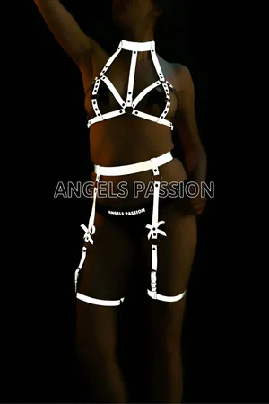 Silver reflective halter neck body harness with adjustable garters attached